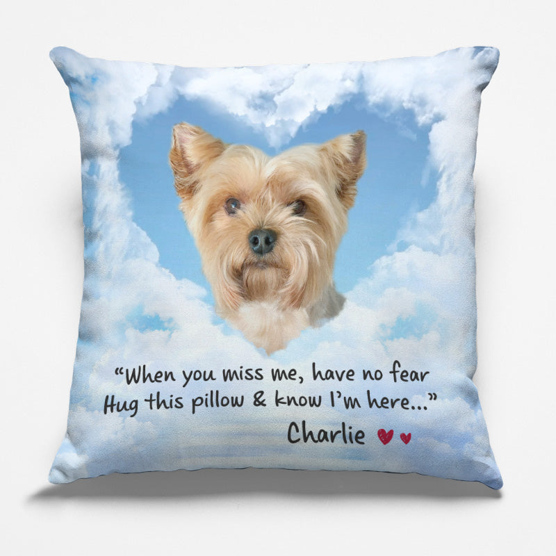 Photo personnalisée Je suis au paradis mais mon cœur est toujours là avec toi - Coussin personnalisé commémoratif - Cadeau de condoléances, cadeau pour les propriétaires d'animaux, les amoureux des animaux