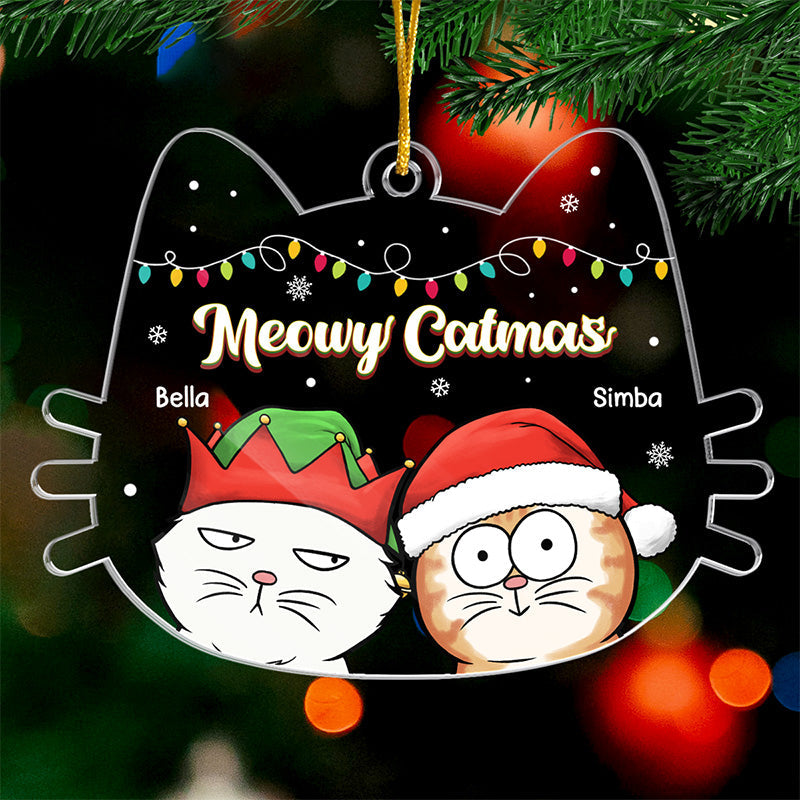 Joyeux Noël ! Ornement personnalisé en forme de chat en acrylique. Cadeau de Noël pour les propriétaires et les amoureux des animaux.