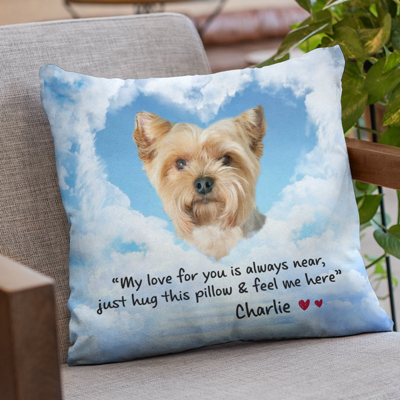 Photo personnalisée Je suis au paradis mais mon cœur est toujours là avec toi - Coussin personnalisé commémoratif - Cadeau de condoléances, cadeau pour les propriétaires d'animaux, les amoureux des animaux