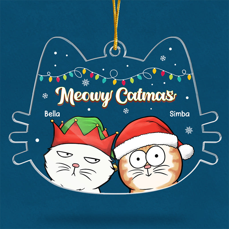 Joyeux Noël ! Ornement personnalisé en forme de chat en acrylique. Cadeau de Noël pour les propriétaires et les amoureux des animaux.