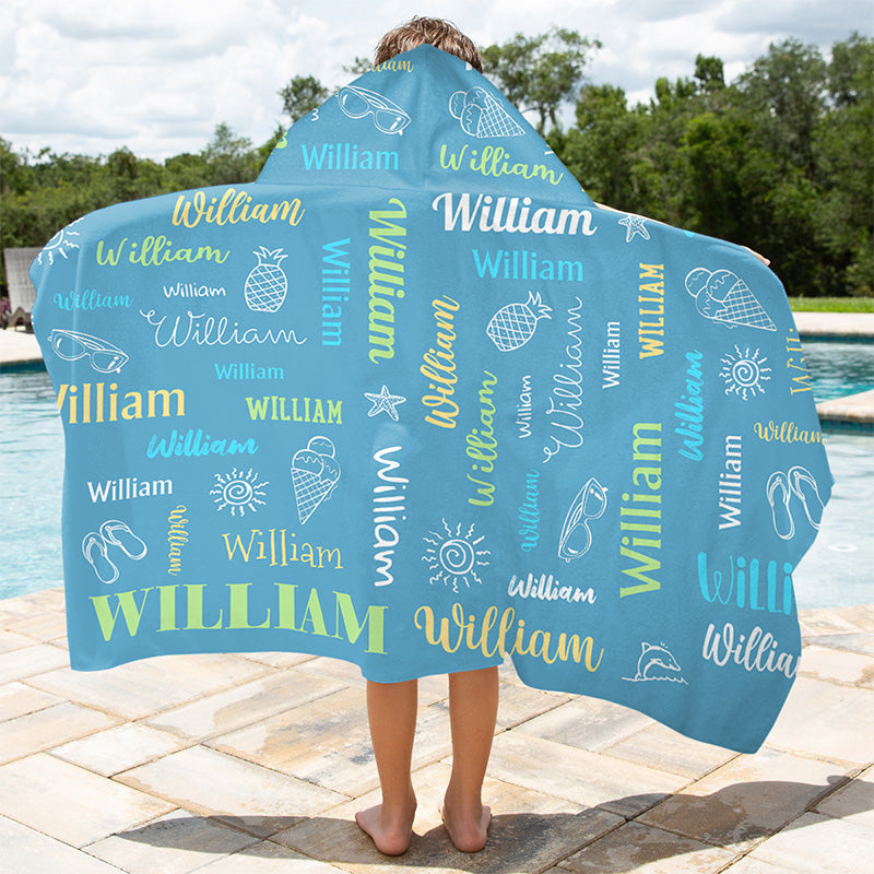 Serviette de plage à capuche personnalisée avec inscriptions colorées pour enfants - Cadeau pour enfants et membres de la famille