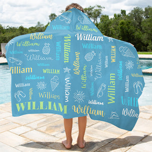 Serviette de plage à capuche personnalisée avec inscriptions colorées pour enfants - Cadeau pour enfants et membres de la famille