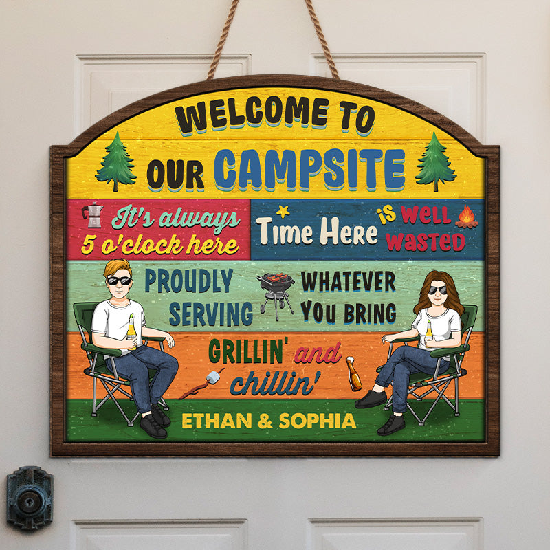 Bienvenue sur notre camping - Panneau en bois personnalisé pour décoration d'intérieur - Cadeau de pendaison de crémaillère pour couple, amoureux du camping