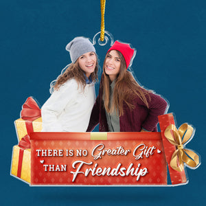 Photo personnalisée pour amis : l'esprit de Noël vit ici - Ornement personnalisé pour meilleure amie - Forme personnalisée en acrylique - Cadeau de Noël pour meilleures amies, meilleures amies, sœurs