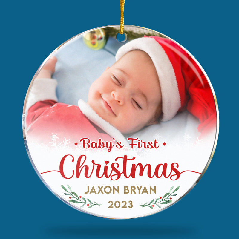 Photo personnalisée « Le premier Noël » - Décoration personnalisée pour la famille - Forme ronde en acrylique - Cadeau de Noël pour les membres de la famille