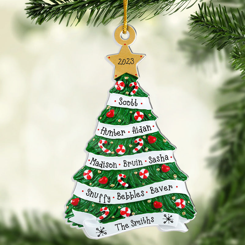 Notre chaleur et notre bonheur - Ornement personnalisé pour la famille - En acrylique en forme de sapin de Noël - Cadeau de Noël pour les membres de la famille