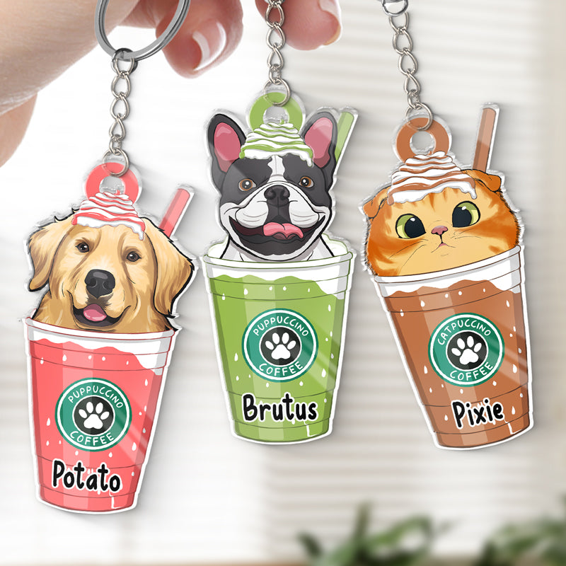Puppuccino Catpuccino Coffee - Porte-clés acrylique personnalisé en forme de fleur pour chien et chat - Cadeau pour propriétaires et amoureux des animaux