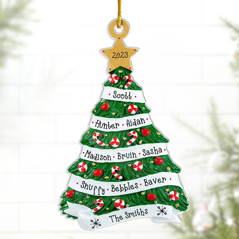Notre chaleur et notre bonheur - Ornement personnalisé pour la famille - En acrylique en forme de sapin de Noël - Cadeau de Noël pour les membres de la famille