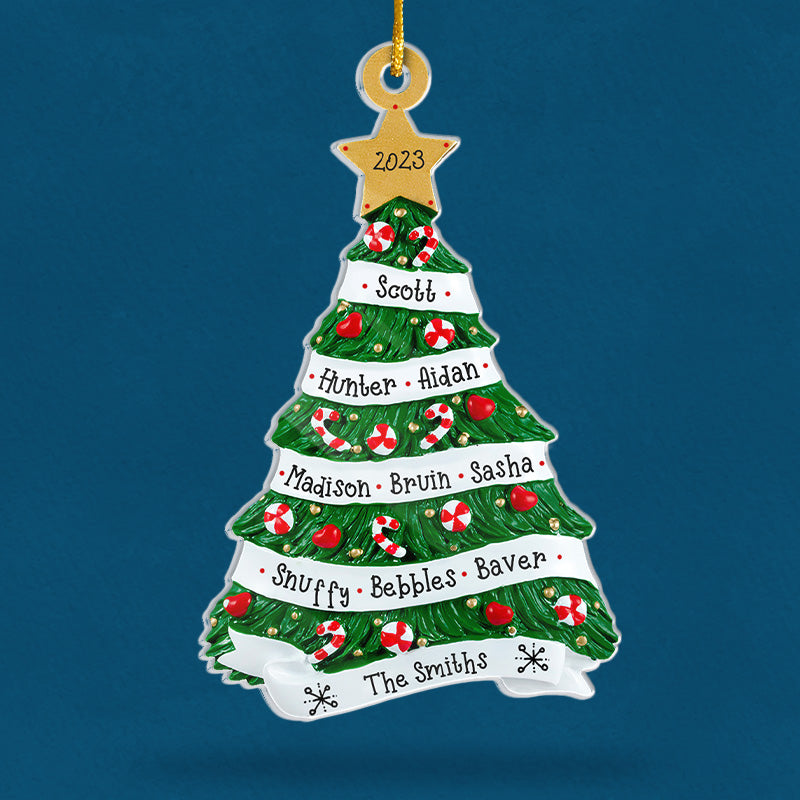 Notre chaleur et notre bonheur - Ornement personnalisé pour la famille - En acrylique en forme de sapin de Noël - Cadeau de Noël pour les membres de la famille