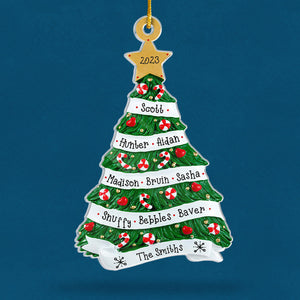 Notre chaleur et notre bonheur - Ornement personnalisé pour la famille - En acrylique en forme de sapin de Noël - Cadeau de Noël pour les membres de la famille