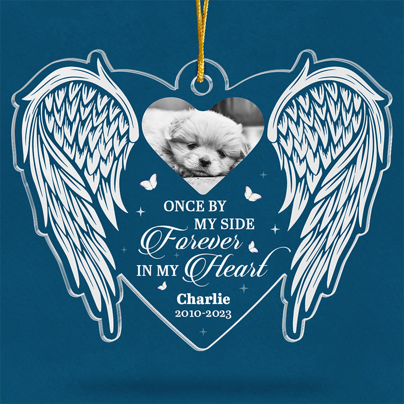 Photo personnalisée « Tu es à jamais dans nos cœurs » – Ornement commémoratif personnalisé – Forme personnalisée en acrylique – Cadeau de Noël, cadeau de condoléances pour les propriétaires d'animaux et les amoureux des animaux