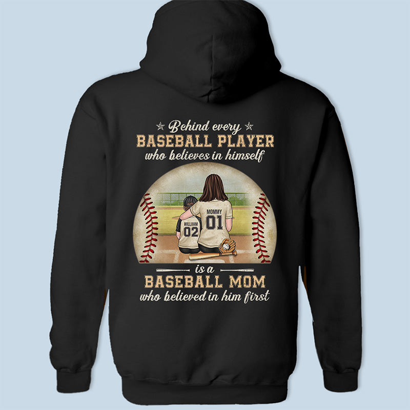 A Baseball Player Is First Trusted By His Mom - Family Personalized Custom Unisex Back Printed T-shirt, Hoodie, Sweatshirt - Gift For Family Members